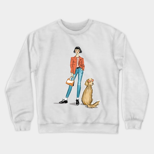 My Dog and Me in Chic Orange Glasses Crewneck Sweatshirt by Ji Illustrator